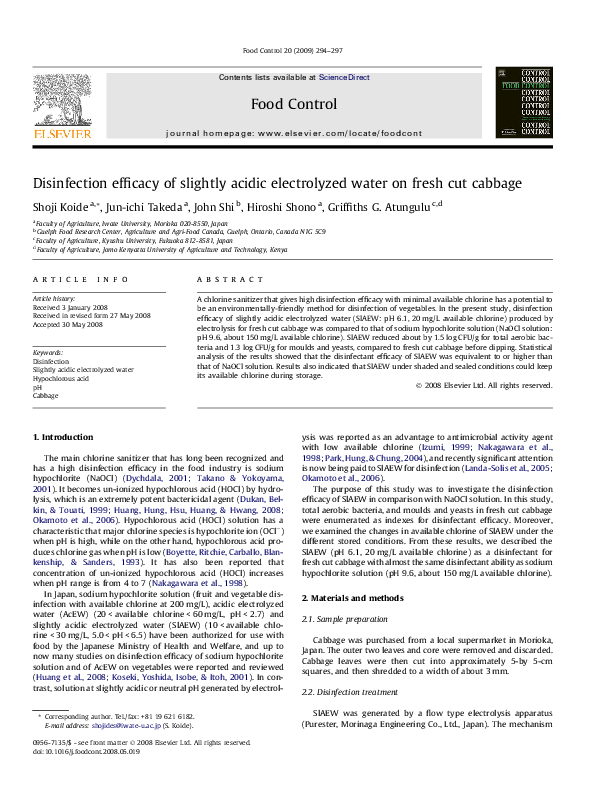 (PDF) Disinfection efficacy of slightly acidic electrolyzed water on