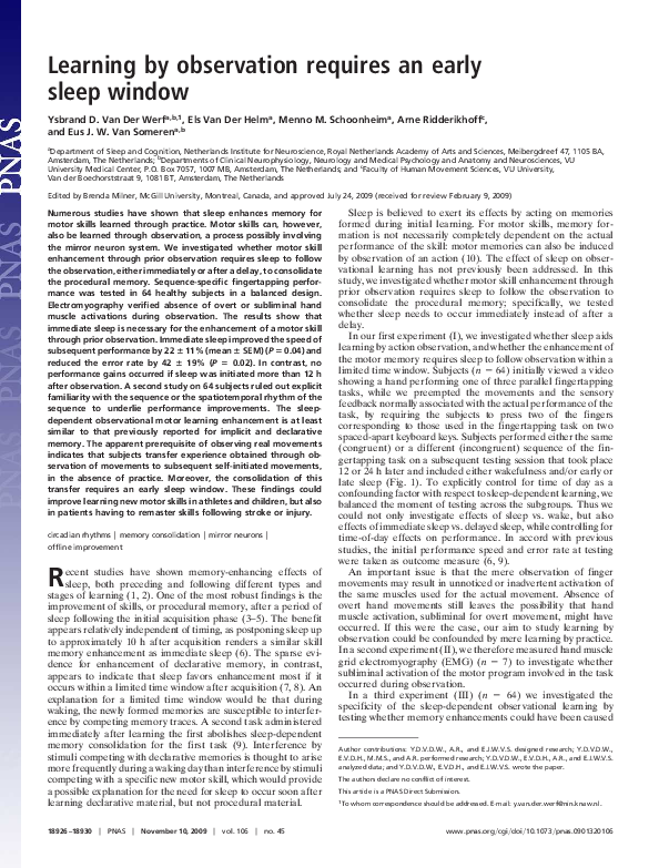 (PDF) Learning by observation requires an early sleep window