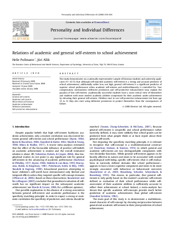 (PDF) Relations of academic and general self-esteem to school achievement