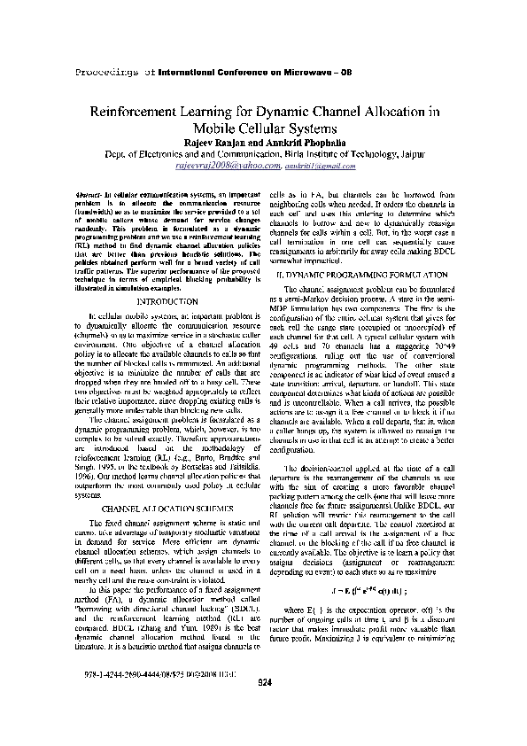 (PDF) Reinforcement learning for dynamic channel allocation in mobile ...