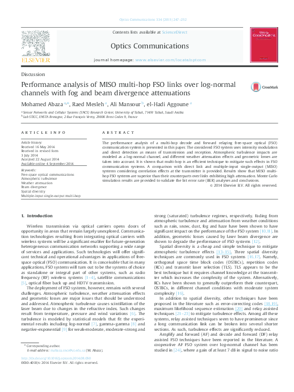 (PDF) Performance analysis of MISO multi-hop FSO links over log-normal ...