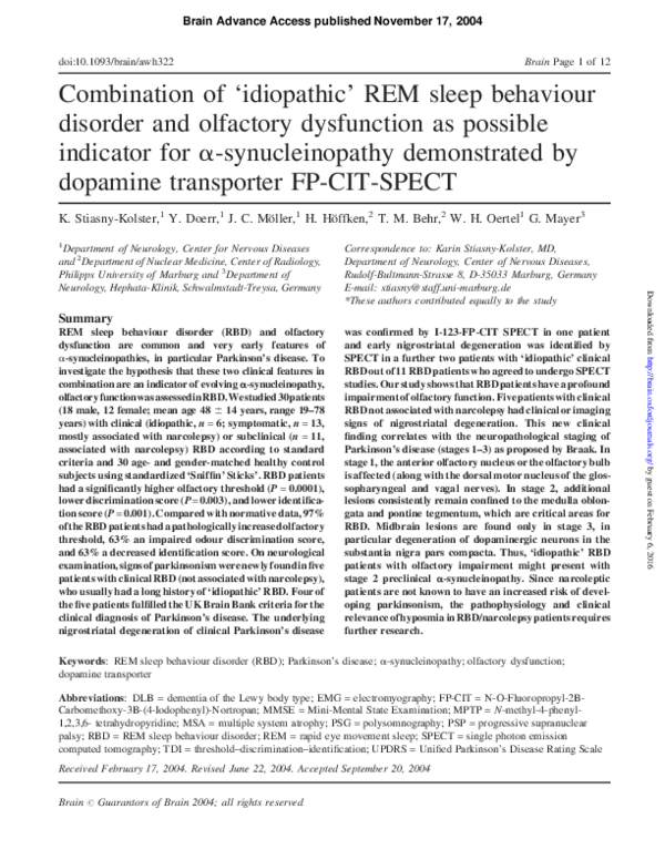 (PDF) Combination of 'idiopathic' REM sleep behaviour disorder and