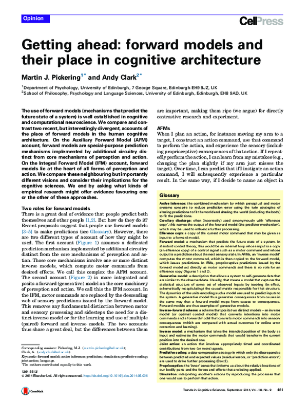 (PDF) Getting ahead: forward models and their place in cognitive ...