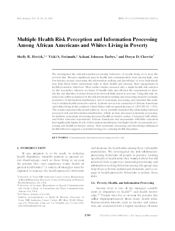 (PDF) Multiple Health Risk Perception and Information Processing Among ...