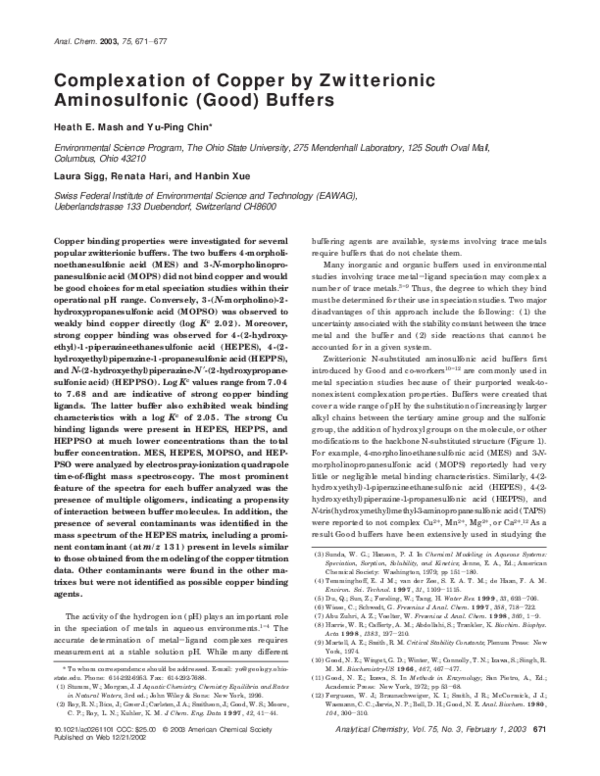 (PDF) Complexation of Copper by Zwitterionic Aminosulfonic (Good) Buffers