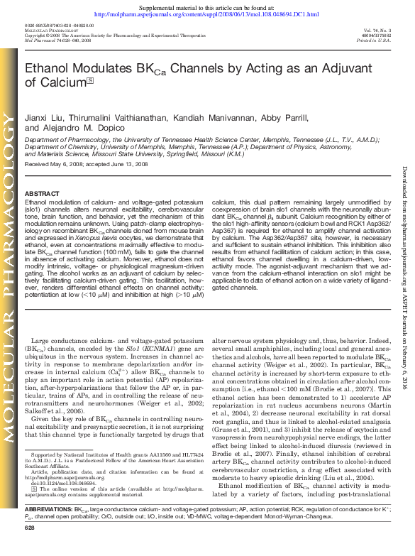 (PDF) Ethanol Modulates BKCa Channels by Acting as an Adjuvant of Calcium