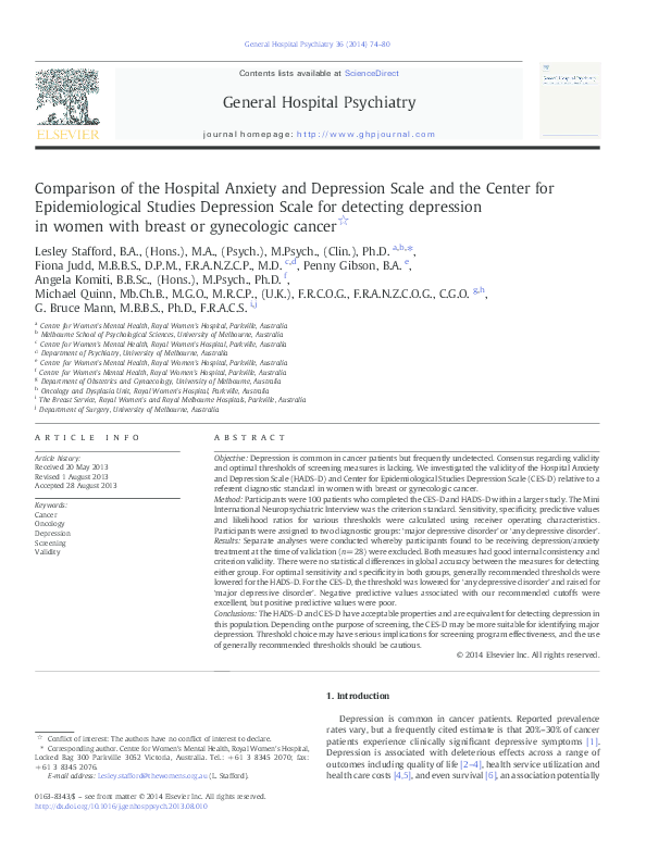 (PDF) Comparison of the Hospital Anxiety and Depression Scale and the ...