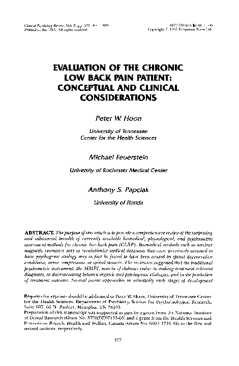 (PDF) Evaluation of the chronic low back pain patient: Conceptual and ...