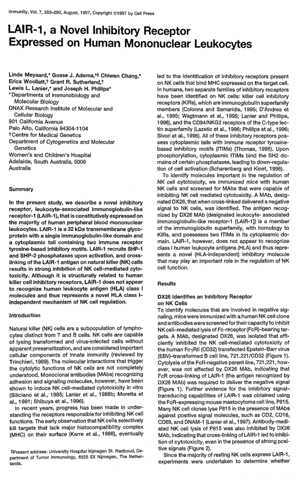 (PDF) LAIR-1, a Novel Inhibitory Receptor Expressed on Human ...