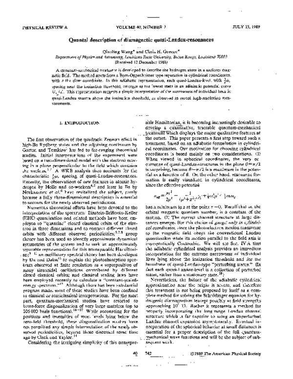 (PDF) Quantal description of diamagnetic quasi-Landau-resonances