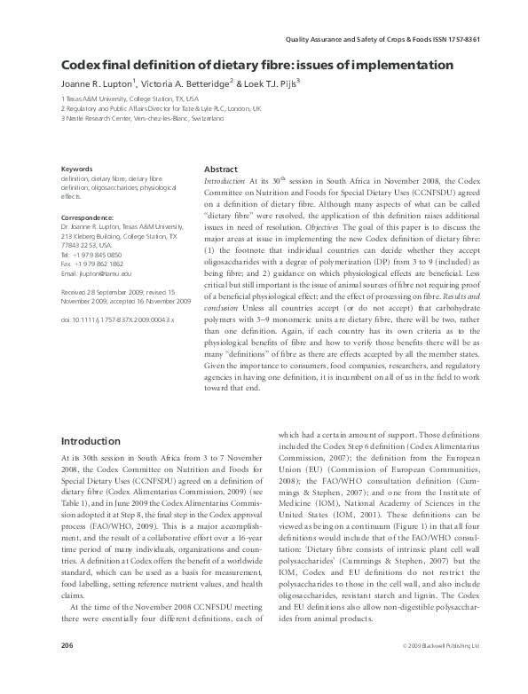 (PDF) Codex final definition of dietary fibre issues of implementation