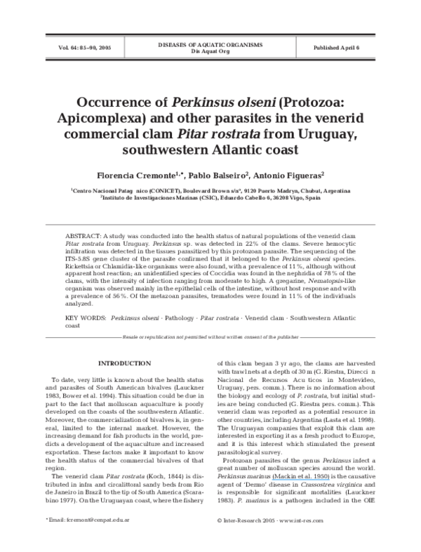 (PDF) Occurrence of Perkinsus olseni (Protozoa: Apicomplexa) and other ...