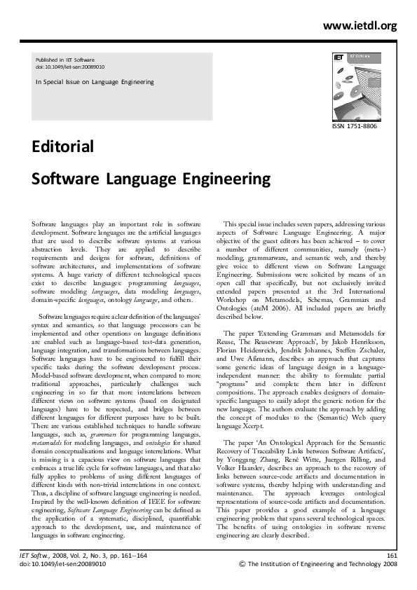 (PDF) Editorial: Software language engineering