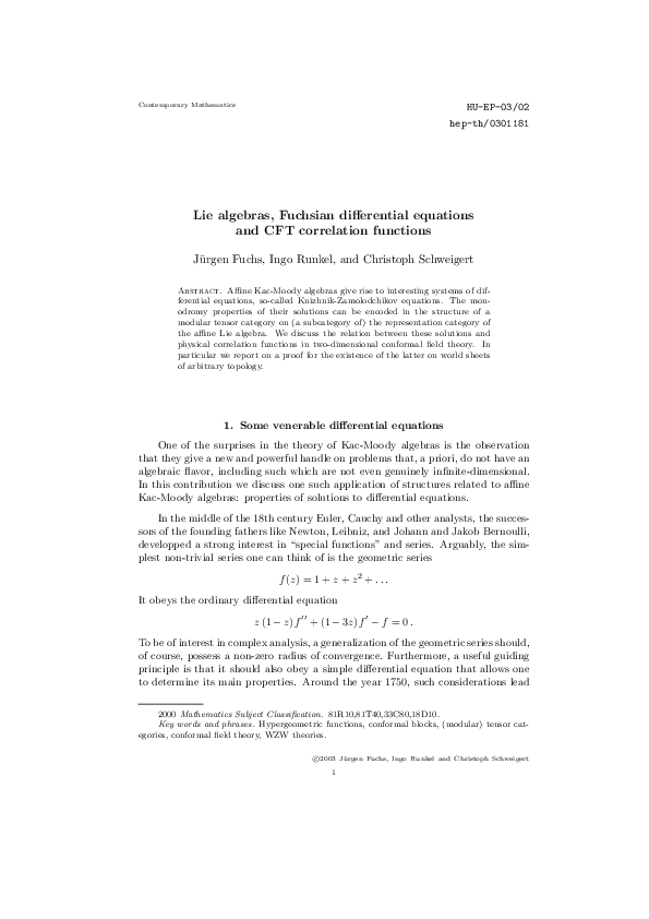 (PDF) Lie algebras, Fuchsian dierential equations and CFT correlation ...