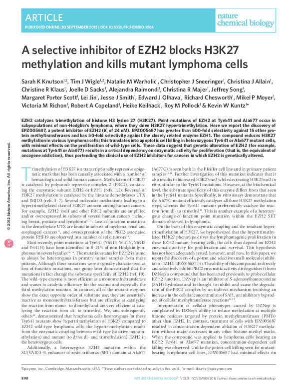 (PDF) A selective inhibitor of EZH2 blocks H3K27 methylation and kills ...