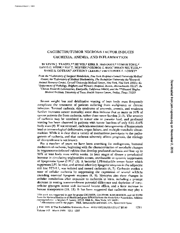(PDF) Cachectin/tumor necrosis factor induces cachexia, anemia, and ...