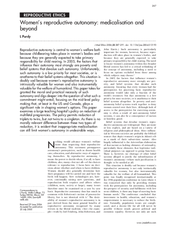 (PDF) Women's reproductive autonomy: medicalisation and beyond