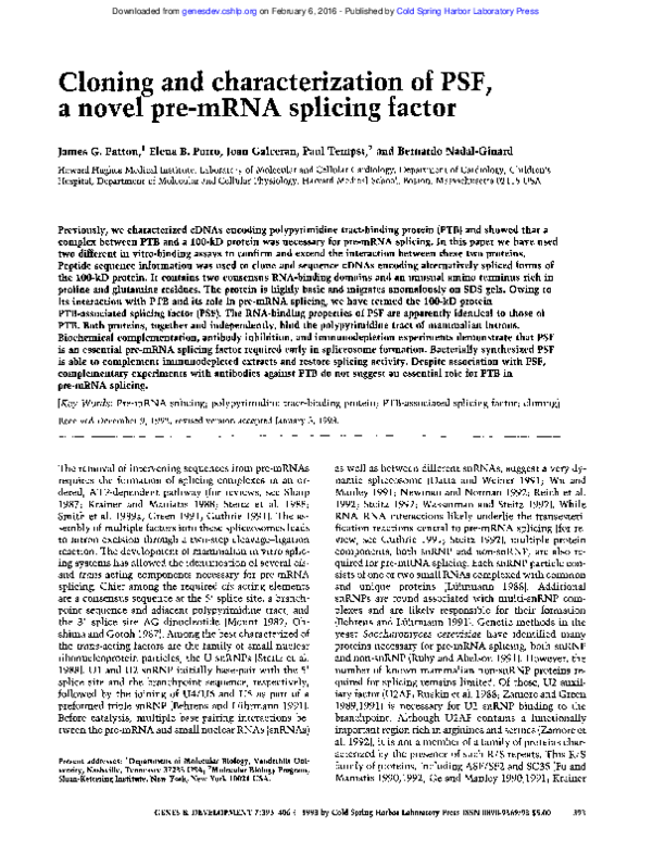 (PDF) Cloning and characterization of PSF, a novel pre-mRNA splicing factor