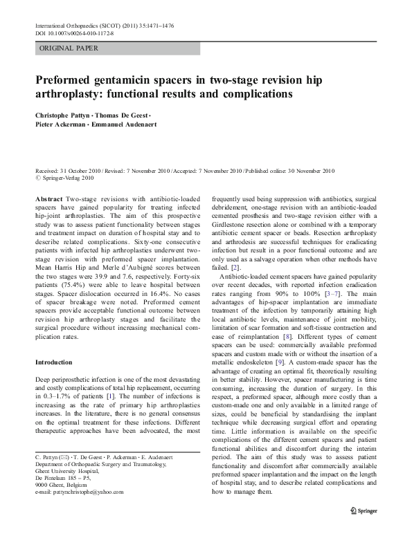 (PDF) Preformed gentamicin spacers in two-stage revision hip ...