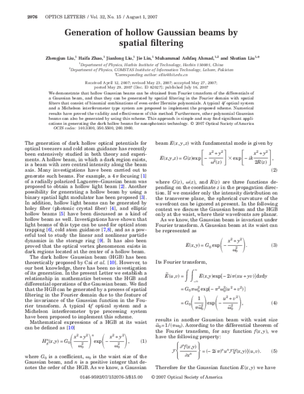 (PDF) Generation of hollow Gaussian beams by spatial filtering