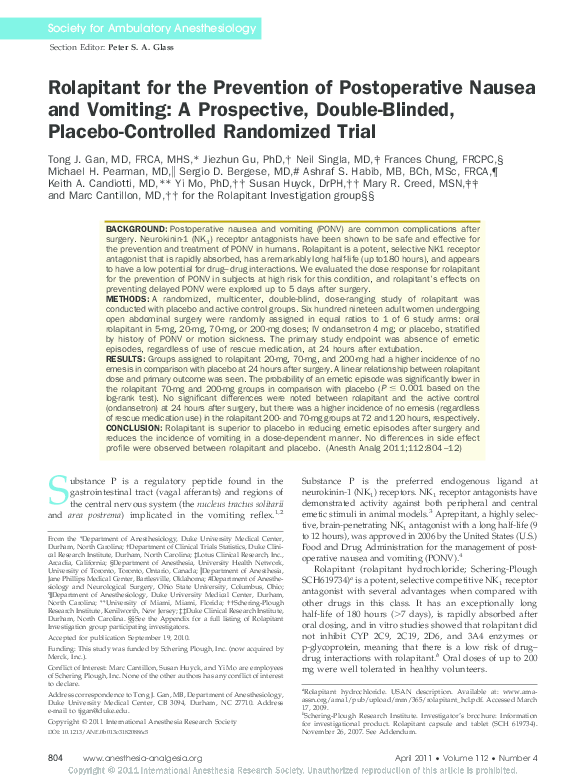 (PDF) Rolapitant for the Prevention of Postoperative Nausea and Vomiting