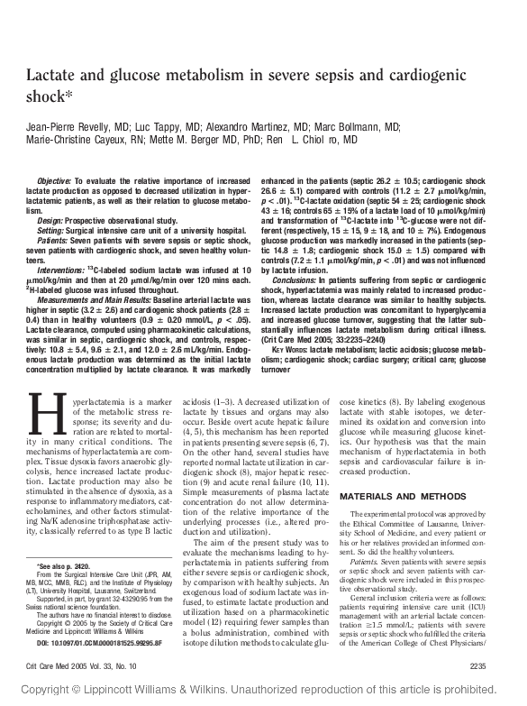 (PDF) Lactate and glucose metabolism in severe sepsis and cardiogenic ...