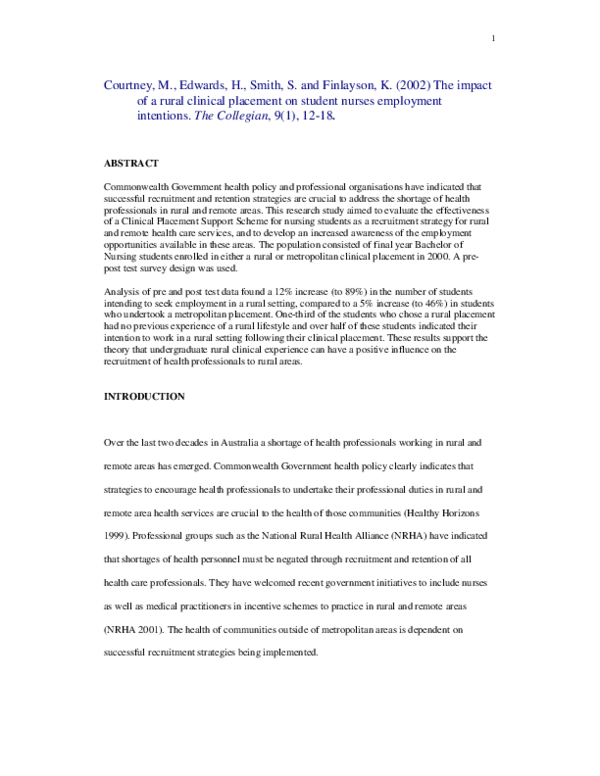 (PDF) The impact of rural clinical placement On Student Nurses ...