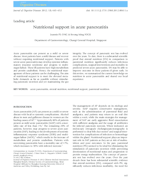 (PDF) Nutritional support in acute pancreatitis