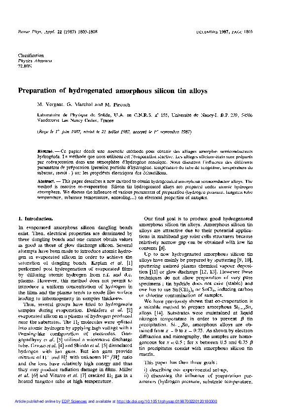 (PDF) Preparation of hydrogenated amorphous silicon tin alloys
