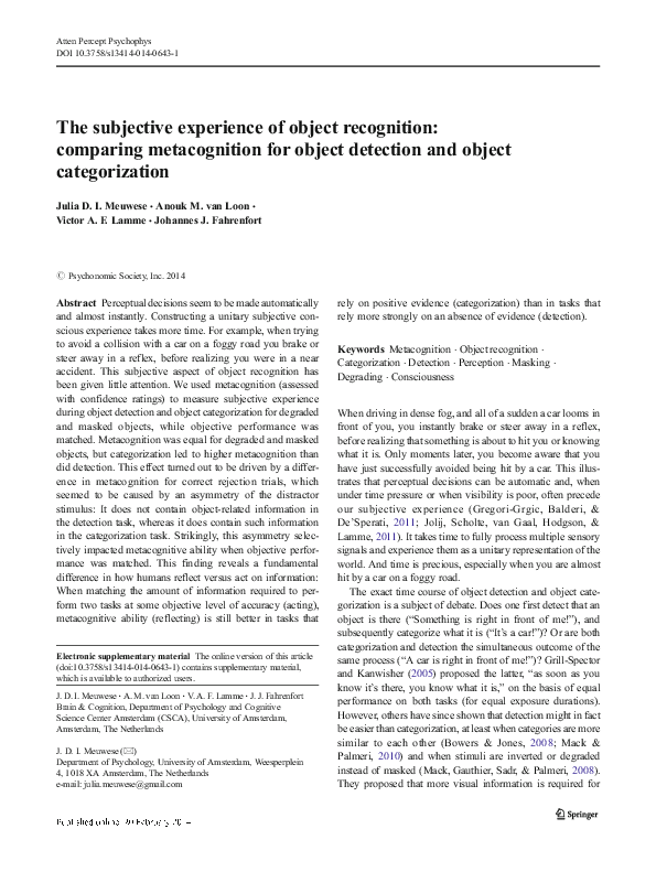(PDF) The subjective experience of object recognition: comparing ...