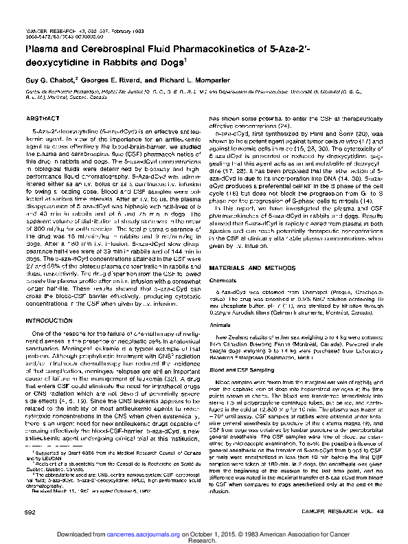 (PDF) I lasma and Cerebrospinal Fluid Pharmacokinetics of 5-Aza-2 ...