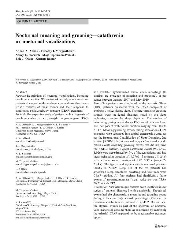 (PDF) Nocturnal moaning and groaning—catathrenia or nocturnal vocalizations