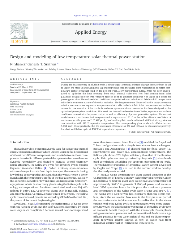 (PDF) Design and modeling of low temperature solar thermal power station