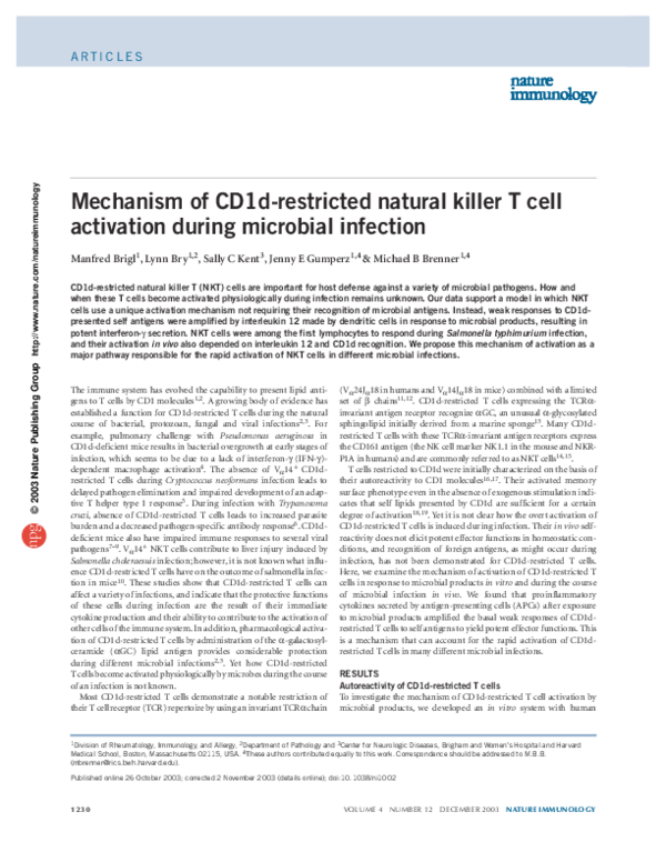 (PDF) Mechanism of CD1d-restricted natural killer T cell activation ...