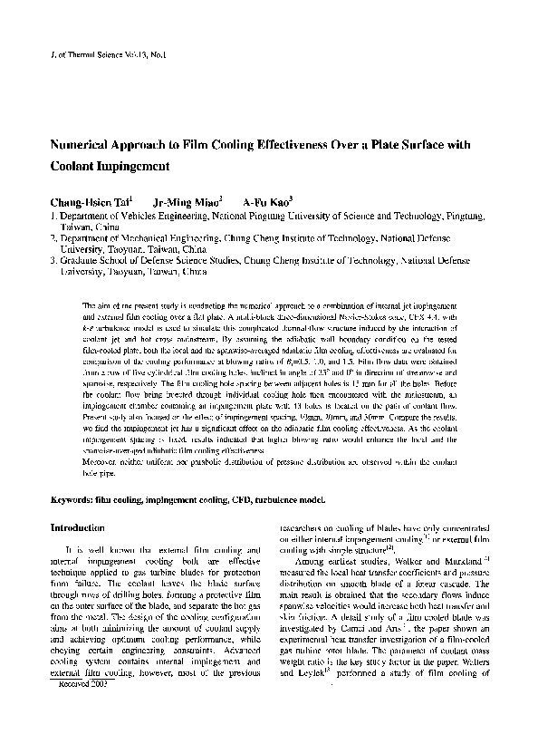(PDF) Numerical approach to film cooling effectiveness over a plate ...