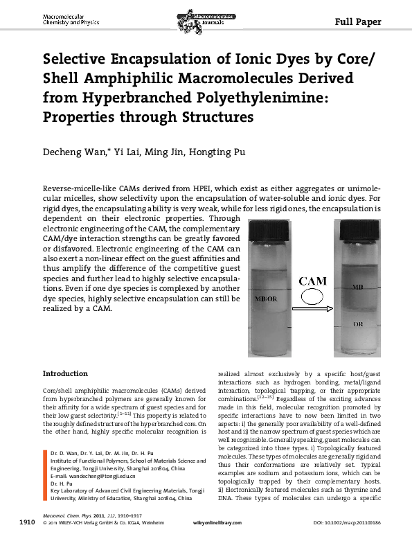 (PDF) Selective Encapsulation of Ionic Dyes by Core/Shell Amphiphilic ...