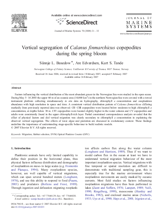 (PDF) Vertical segregation of Calanus finmarchicus copepodites during ...
