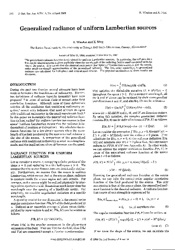(PDF) Generalized radiance of uniform Lambertian sources