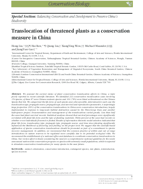 Distribution And Conservation Of Threatened Plants In China (PDF) Translocation of threatened plants as a conservation measure in China