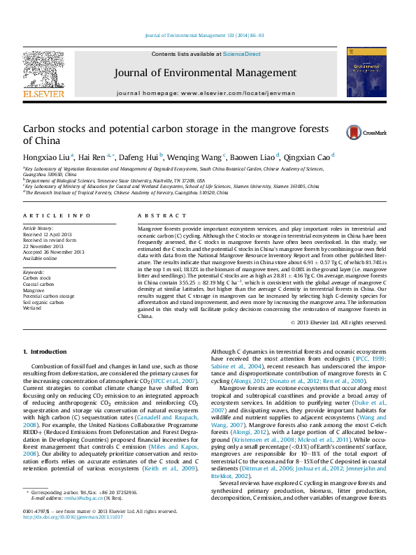 (PDF) Carbon stocks and potential carbon storage in the mangrove ...