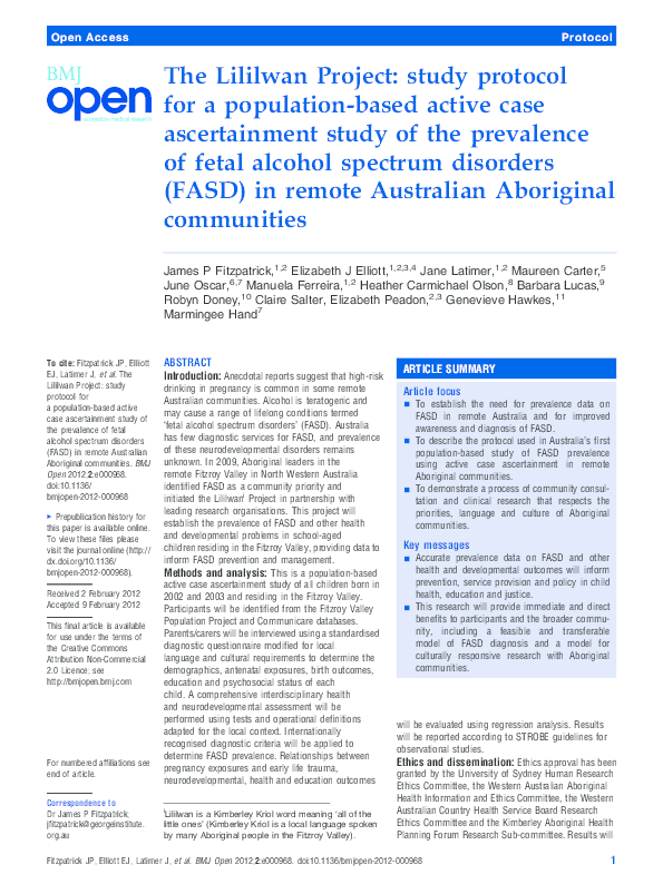 Pdf) The Lililwan Project: Study Protocol For A Population-Based Active  Case Ascertainment Study Of The Prevalence Of Fetal Alcohol Spectrum  Disorders (Fasd) In Remote Australian Aboriginal Communities | Maureen  Carter, Manuela Ferreira,