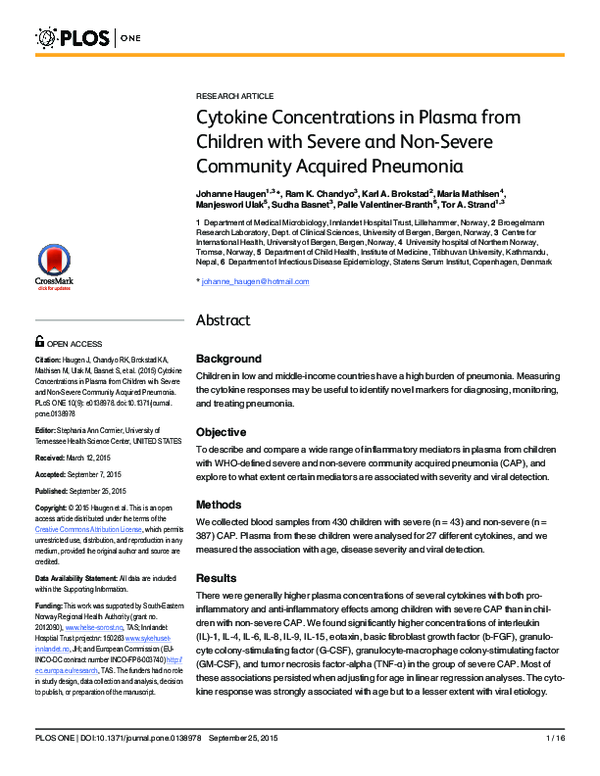 (PDF) Cytokine Concentrations in Plasma from Children with Severe and ...