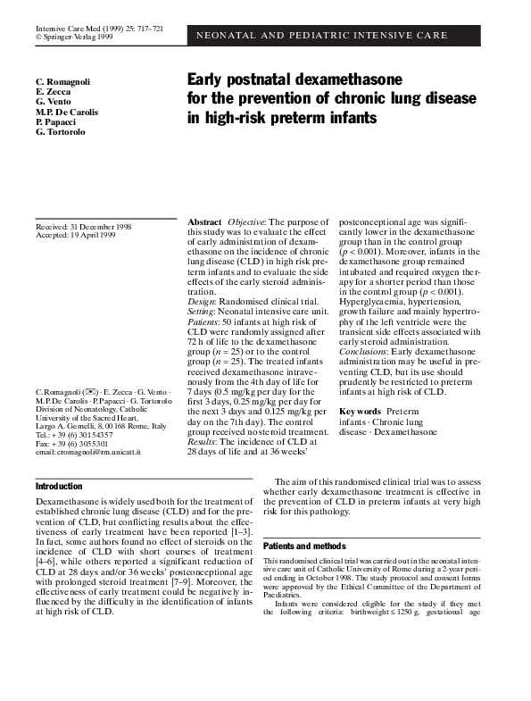 (PDF) Early postnatal dexamethasone for the prevention of chronic lung ...