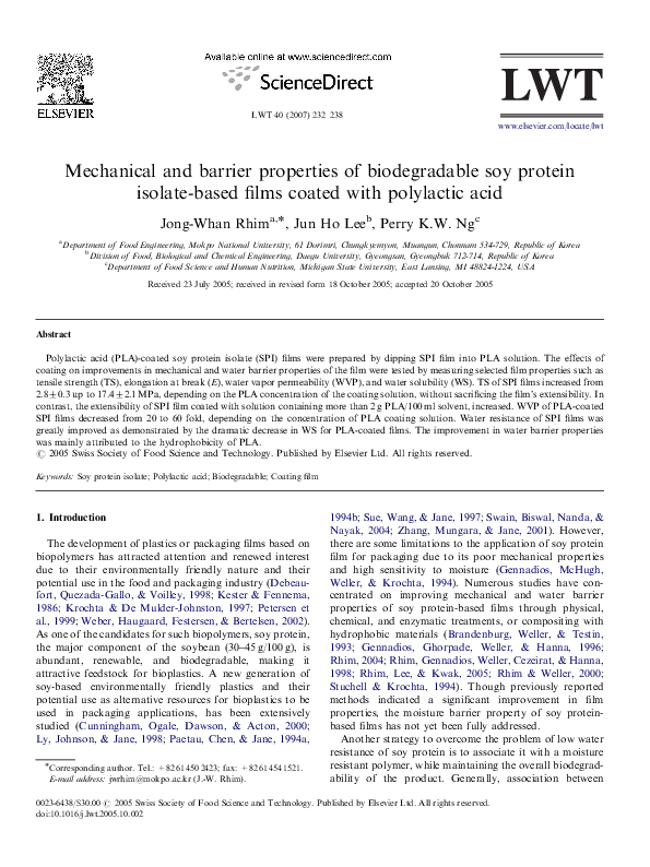 (PDF) Mechanical and barrier properties of biodegradable soy protein ...