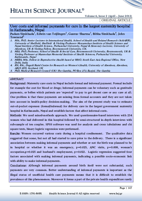 (PDF) User costs and informal payments for care in the largest ...