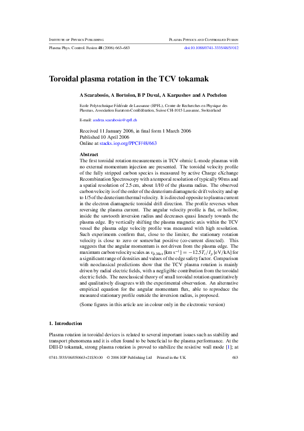 (PDF) Toroidal plasma rotation in the TCV tokamak