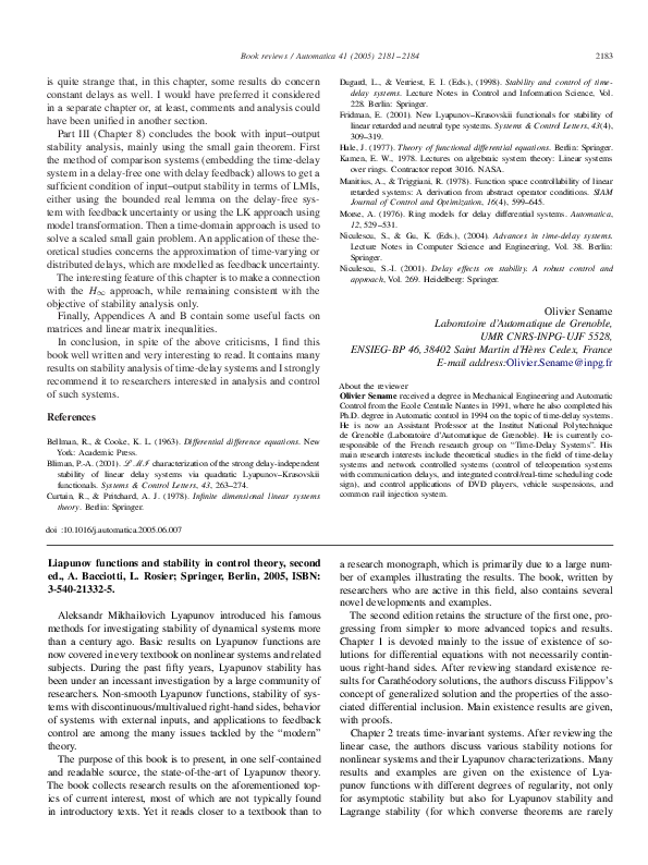 (PDF) Liapunov Functions and Stability in Control Theory. Lecture Notes ...
