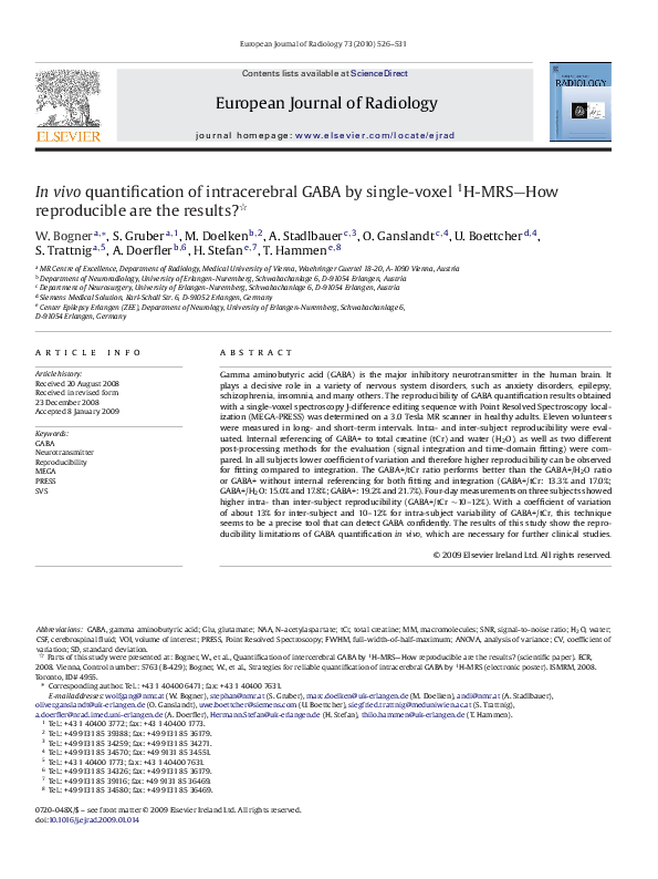(PDF) In vivo quantification of intracerebral GABA by single-voxel 1H ...