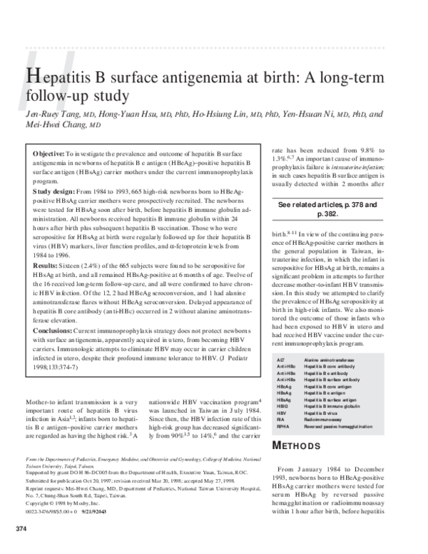 (PDF) Hepatitis B surface antigenemia at birth: A long-term follow-up study