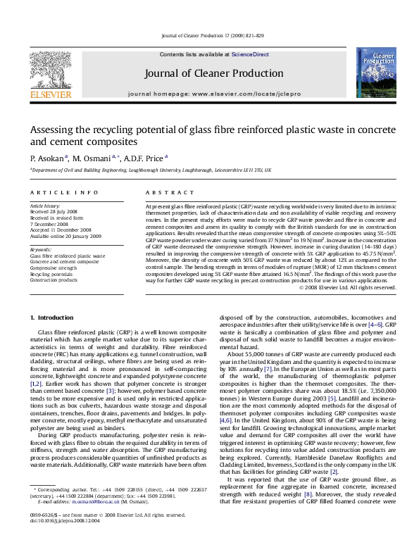 (PDF) Assessing the recycling potential of glass fibre reinforced plastic waste in concrete and